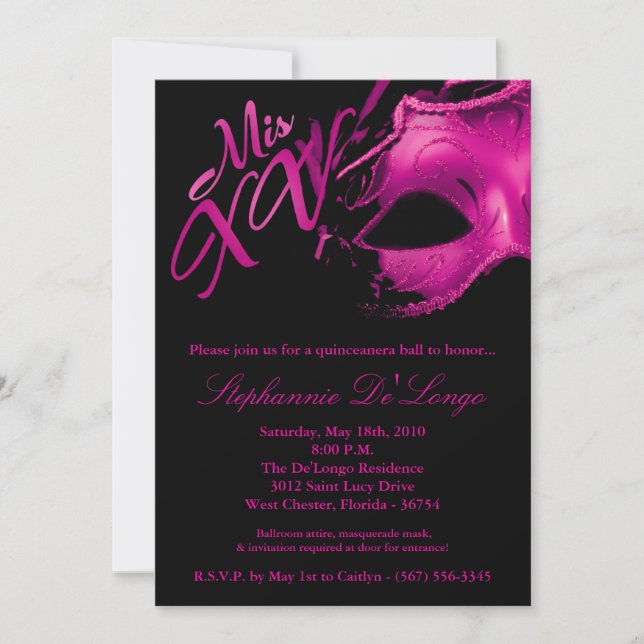 5x7 Masquerade Mask 15 Quinceanera Ball Invitation (Devant)