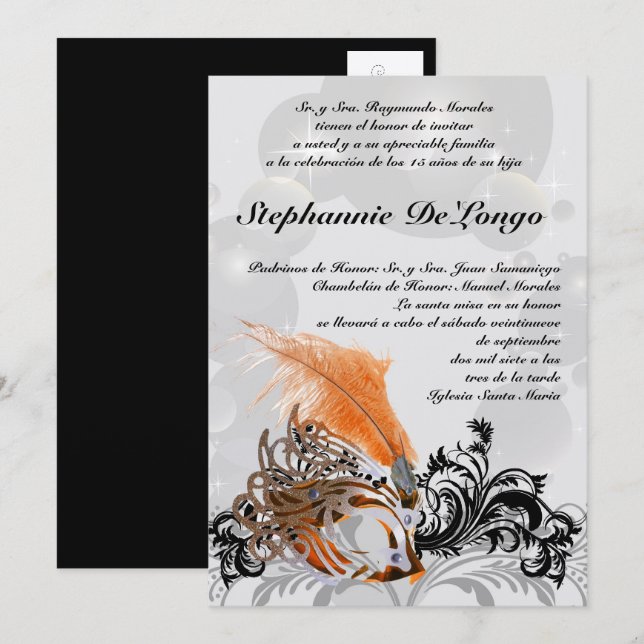 5x7 Masquerade Quinceanera Invitation Anniversaire (Devant / Derrière)