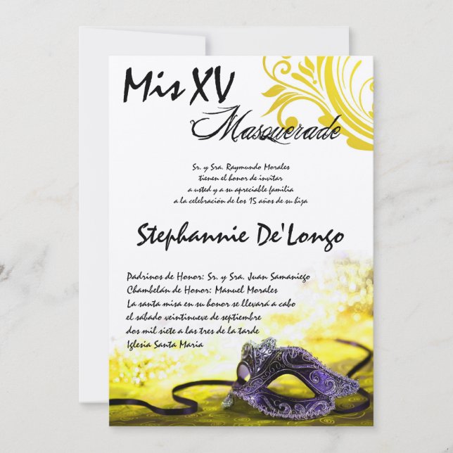 5x7 Masquerade Quinceanera Invitation Anniversaire (Devant)