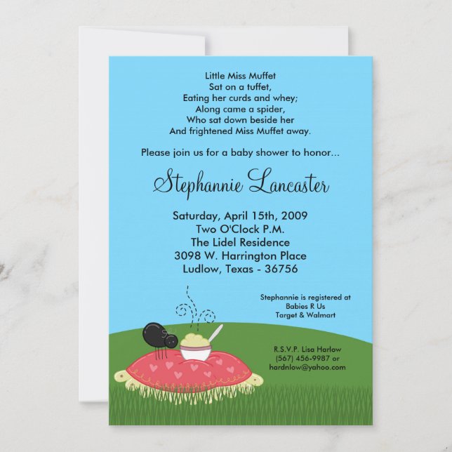 5x7 Miss Muffet Nursery Invitation Baby shower (Devant)