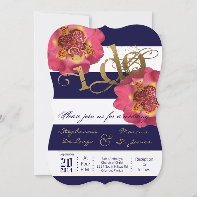 5x7 Moderne Stripe Marine Faire-part de mariage fl (Devant)