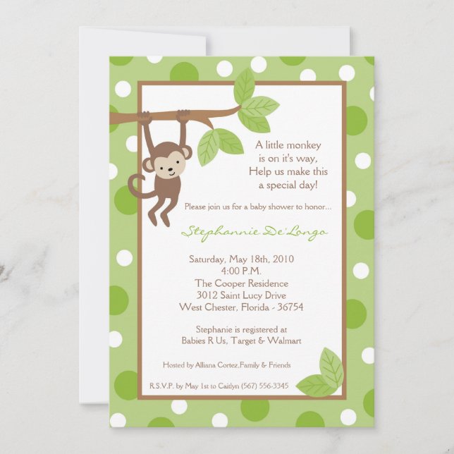 5x7 Monkey Jungle Baby shower Invitation (Devant)