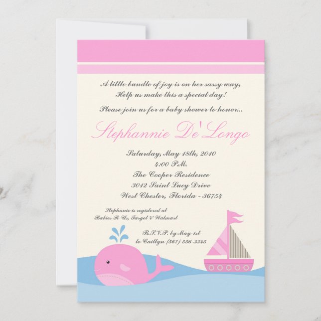 5x7 Naut Sail Boat Whale Baby shower Invitation (Devant)