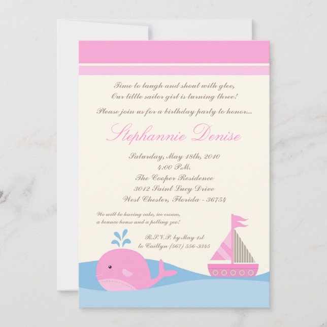 5x7 Naut Sail Boat Whale Birthday Party Invitation (Devant)