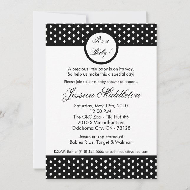 5x7 Noir Blanc Polka Baby shower Invitation (Devant)