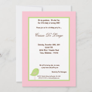 5x7 Oiseau rose clair Invitation de fête d'anniver