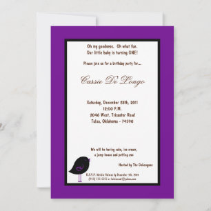 5x7 Oiseau violet foncé Invitation de fête d'anniv