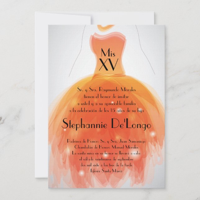 5x7 Orange Dress Quinceanera Invitation Anniversai (Devant)