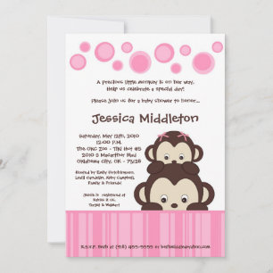 5x7 Pink Baby Pop Monkey Baby shower Invitation