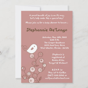 5x7 Pink Bird Retro Bush Baby shower Invitation