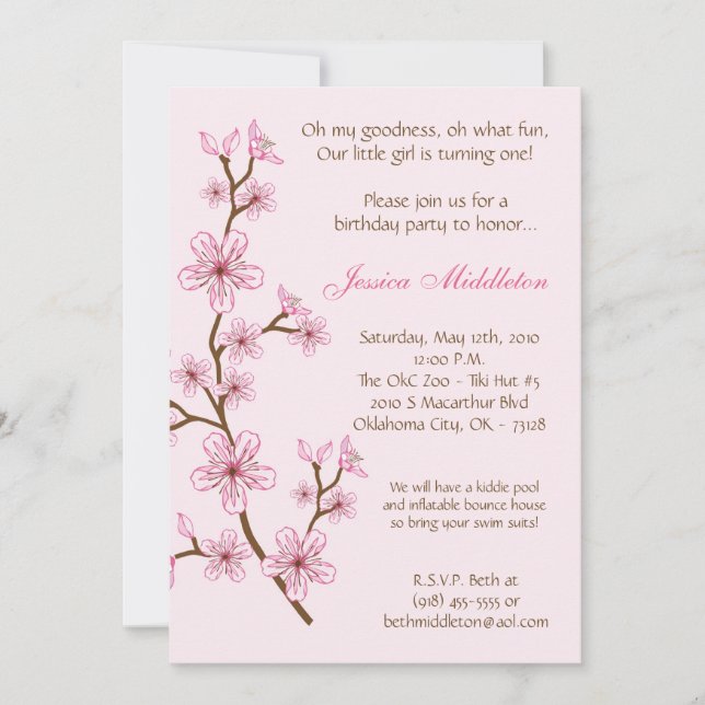 5x7 Pink Cherry Blossom Invitation à la fête d'ann (Devant)