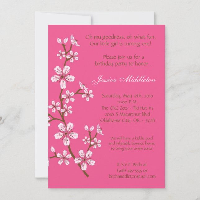 5x7 Pink Cherry Blossom Invitation fête d'annivers (Devant)