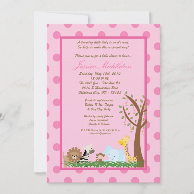 5x7 Pink Jungle Safari Baby shower Invitation (Devant)