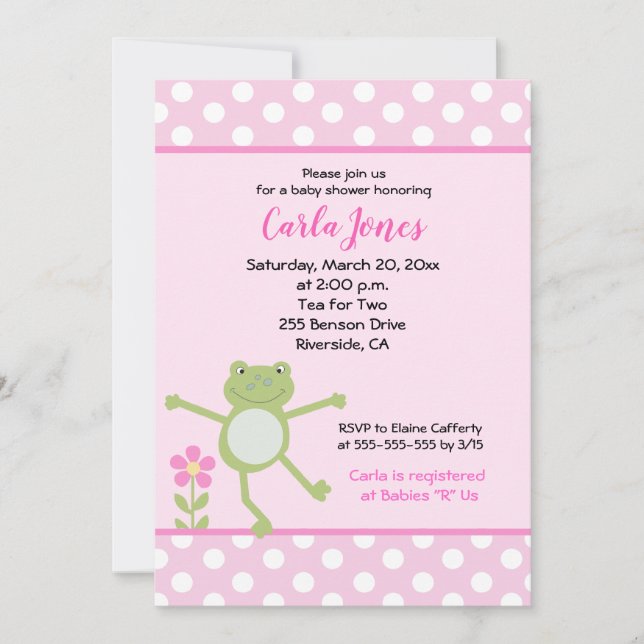 5x7 Pink Leap Frog Girl Baby shower Invitation (Devant)