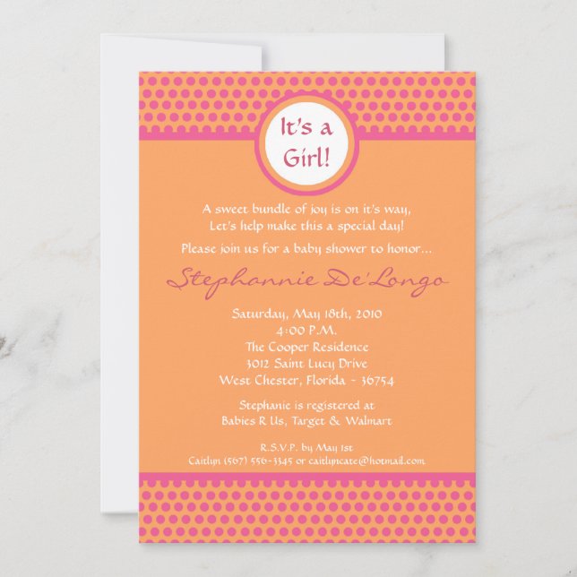 5x7 Pink & Orange Polka Baby shower Invitation (Devant)