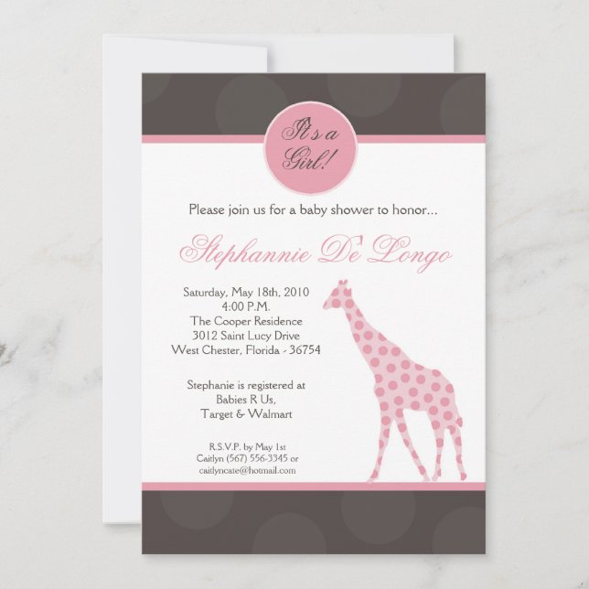 5x7 Pink Polka Dot Giraffe Invitation Baby shower (Devant)