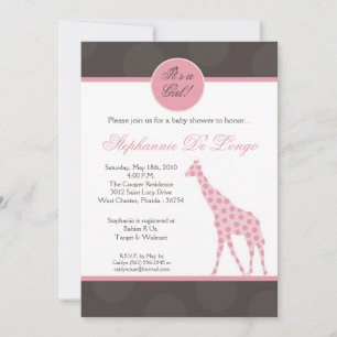 5x7 Pink Polka Dot Giraffe Invitation Baby shower