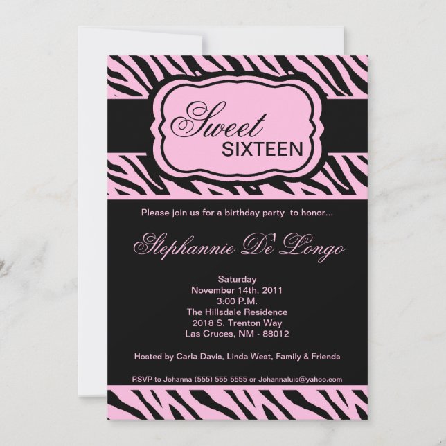5x7 Pink Zebra Imprimer Invitation de fête d'anniv (Devant)