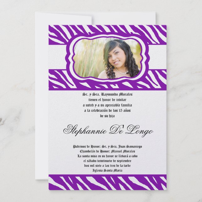 5x7 Purp Zebra Print Patter Quinceanera Invitation (Devant)