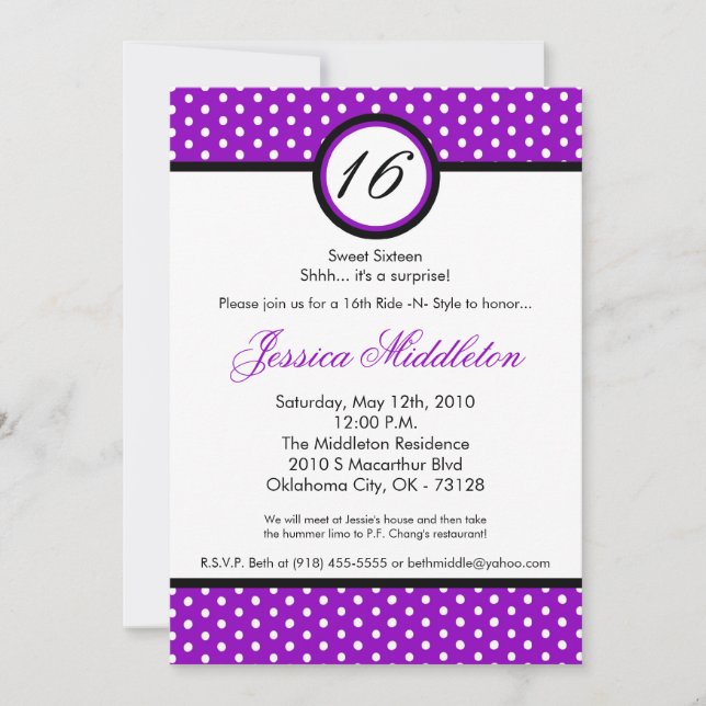5x7 Purpl White Polka Dot 16e Invitation d'anniver (Devant)