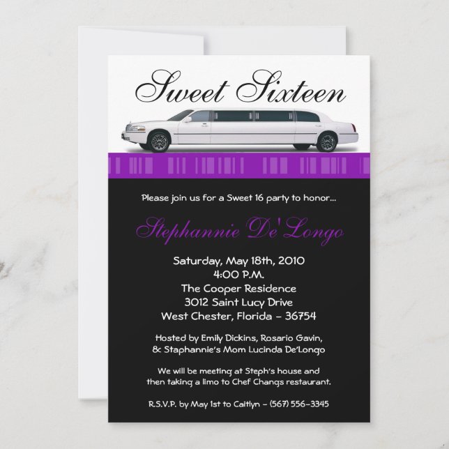 5x7 Purple Limo Sweet 16 Anniversaire Invitation (Devant)