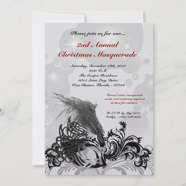 5x7 Red Black Masquerade Christmas XMAS Invitation (Devant)