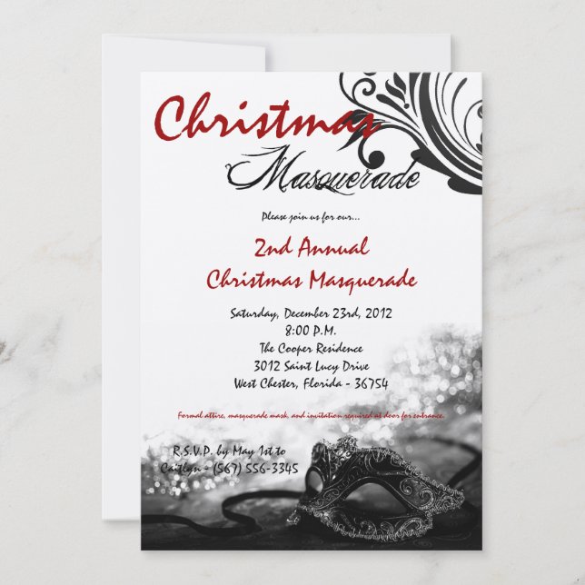 5x7 Red Black Masquerade Christmas XMAS Invitation (Devant)