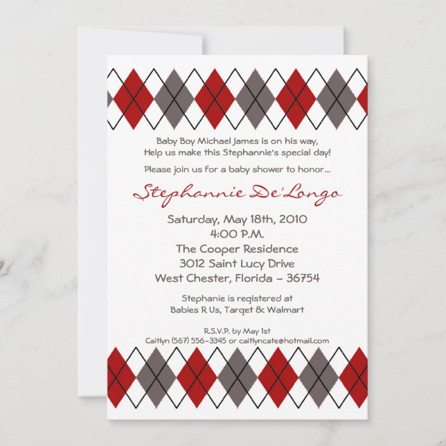 5x7 Red Grey Jacquard Punk Baby shower Invitation (Devant)