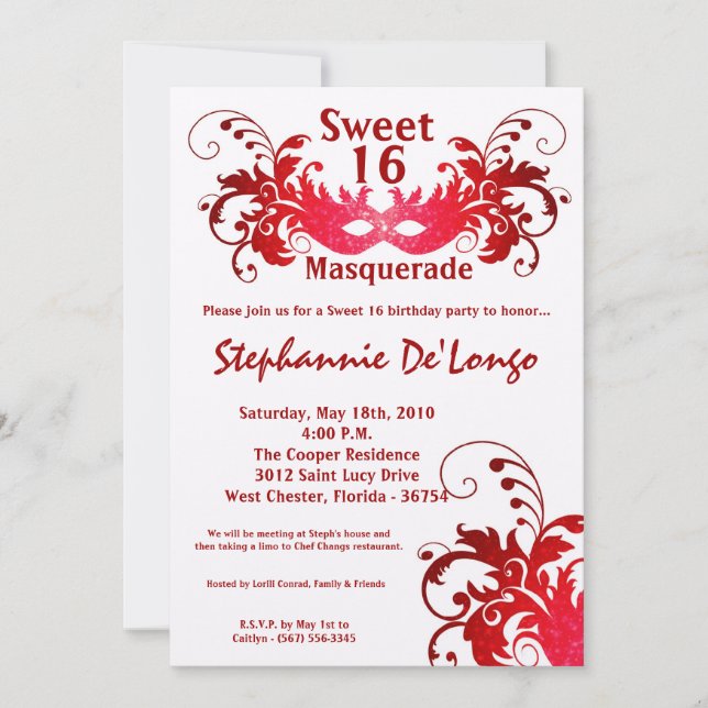 5x7 Red Masquerade Sweet 16 Birthday Einladung (Vorderseite)