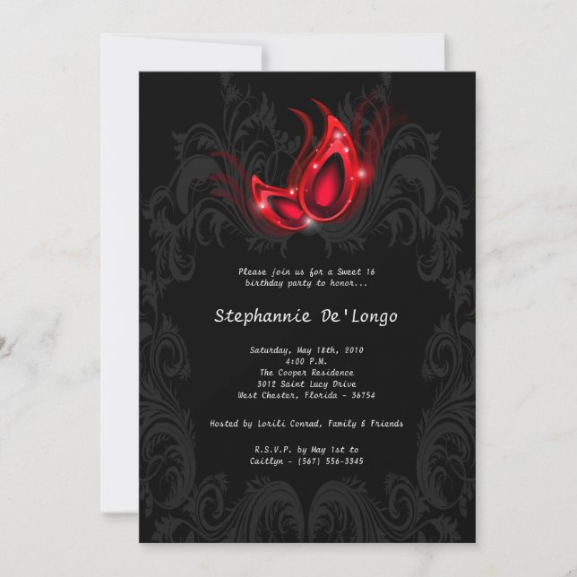 5x7 Red Masquerade Sweet 16 Birthday Einladung (Vorderseite)