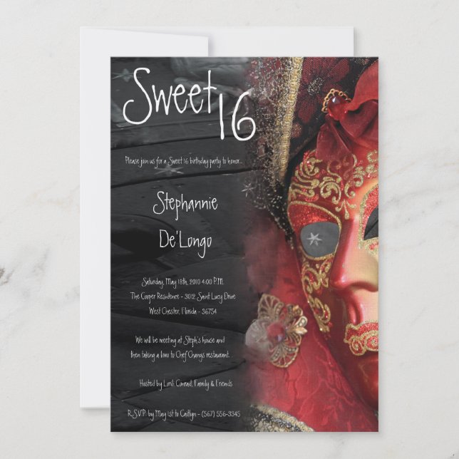 5x7 Red Masquerade Sweet 16 Birthday Einladung (Vorderseite)