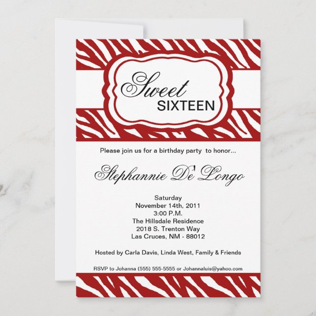 5x7 Red Zebra Imprimer Invitation de fête d'annive (Devant)