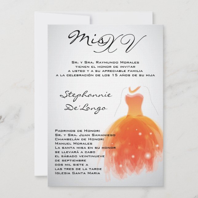 5x7 Robe Orange Quinceanera Invitation Anniversair (Devant)