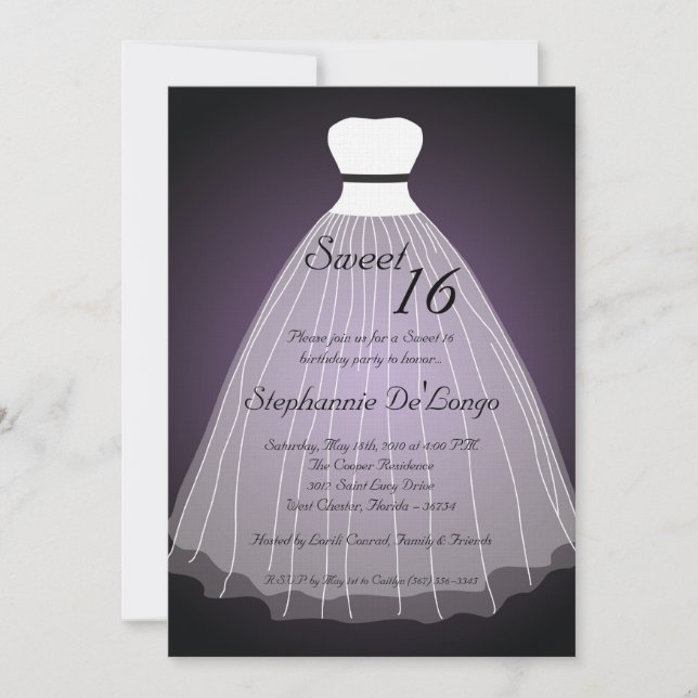 5x7 Robe violette Douce 16 Anniversaire Invitation (Devant)