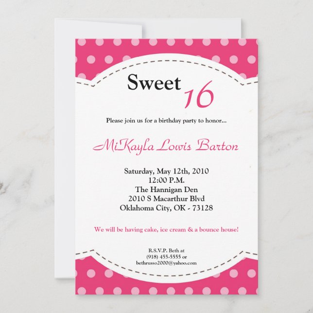 5x7 rose Polkadot doux 16 Anniversaire Invitation (Devant)