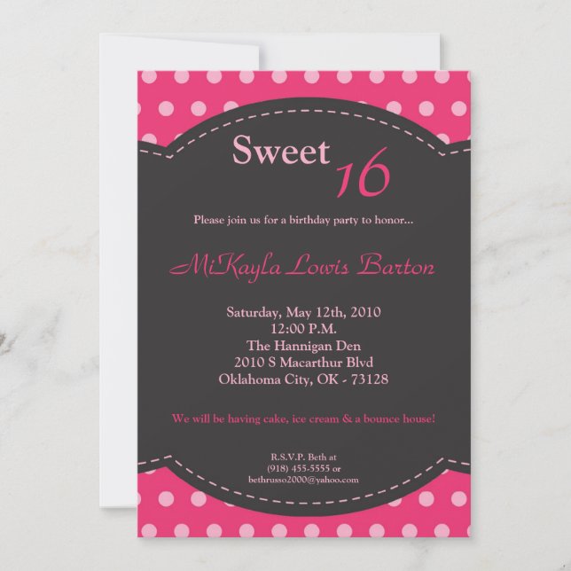 5x7 rose Polkadot doux 16 Anniversaire Invitation (Devant)