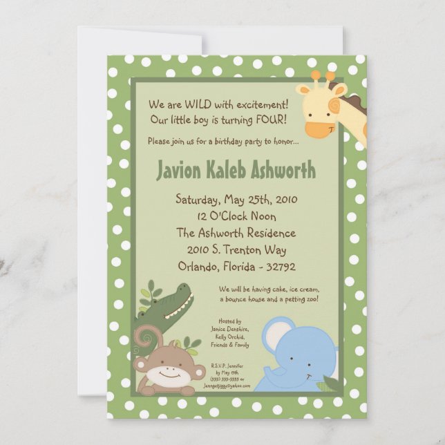 5x7 Safari Jungle ZooAnimaux Invitation d'annivers (Devant)
