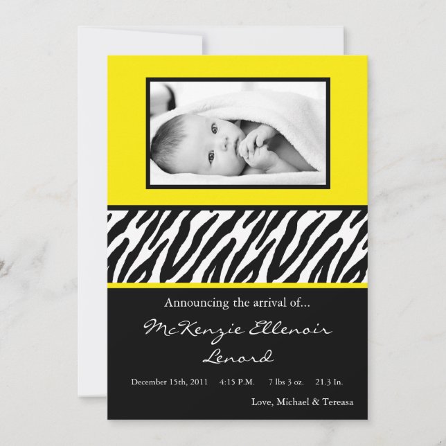 5x7 Sassy Yellow Zebra PHOTO Faire-part de naissan (Devant)