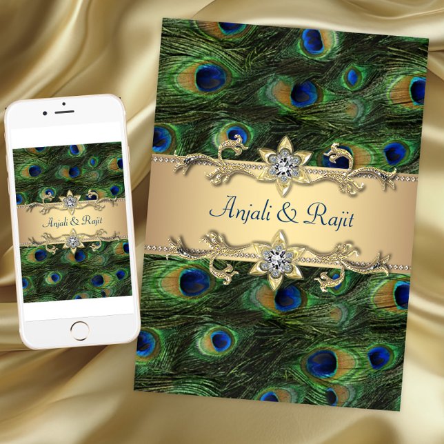 5x7 Smaragdgrüne Elegante Pfau-Hochzeit Einladung (Emerald Green Elegant Peacock Wedding invitation. Instant download and printed invitations available)