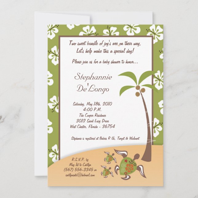 5x7 Tropical Turtle Mama TWINS Douche Invitation (Devant)