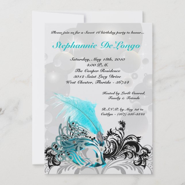 5x7 Turquoise Masquerade Sweet 16 Invitation anniv (Devant)