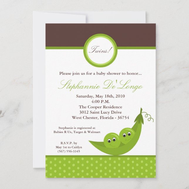 5x7 TWIN Boy Peas in Pod Baby shower Invitation (Devant)