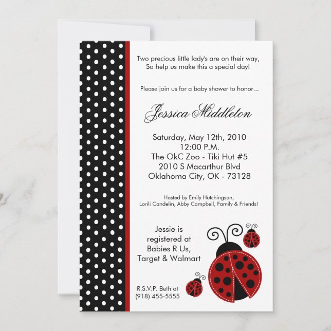 5x7 TWINS Lady Bug PolkaDot Invitation Baby shower (Devant)
