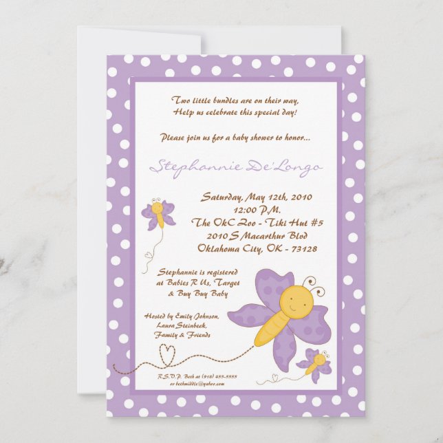 5x7 TWINS Purple Butterfly Baby shower Invitation (Devant)