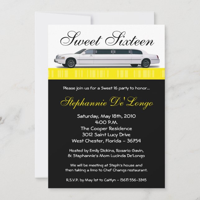 5x7 Yellow Limo Sweet 16 Anniversaire Invitation (Devant)