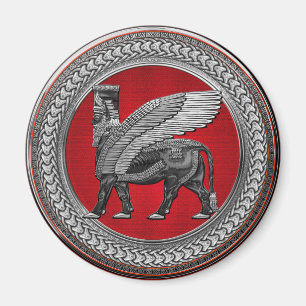[600] Assyrian Winged Bull: Silver & Black Lamassu Magnet