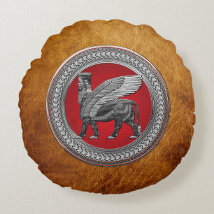[600] Assyrian Winged Bull: Silver & Black Lamassu Rundes Kissen