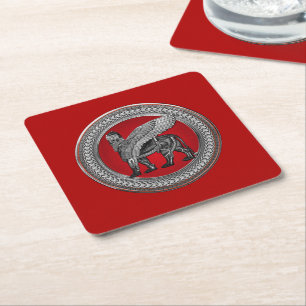 [600] Assyrian Winged Lion: Silver & Black Lamassu Rechteckiger Pappuntersetzer