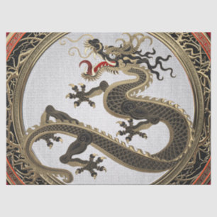 [600] Östlicher Drache in Schwarz und Gold Seidenpapier