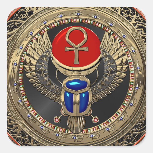[600] Sacred Gold Egyptian Winged Scarab mit Ankh Quadratischer Aufkleber (Vorderseite)